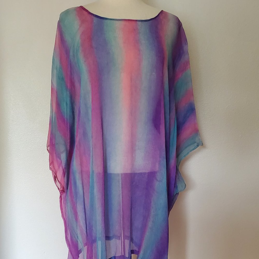 NEW Silk Caftan Kaftan beach coverup resort tie dyed painted blue pink stripe XL